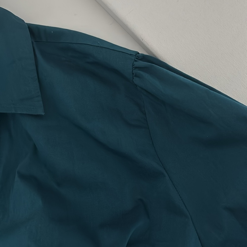 Teal Long Sleeve Blouse XXL Rhinestone Buttons Office Chic Minimalist Workwear - Picture 13 of 15